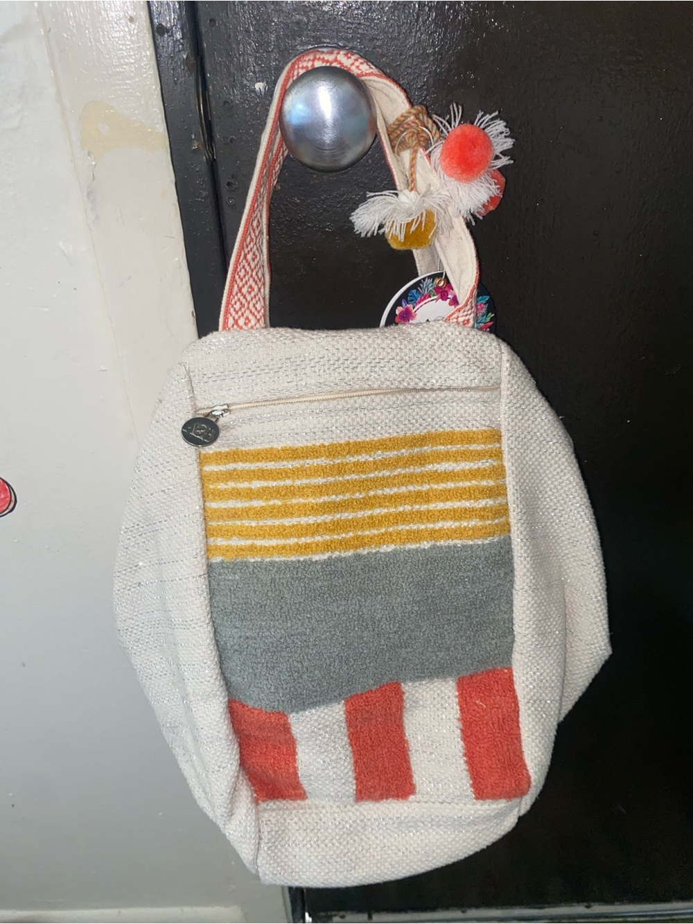 Cream Canvas Backpack with Mustard, Gray and Coral Accents
